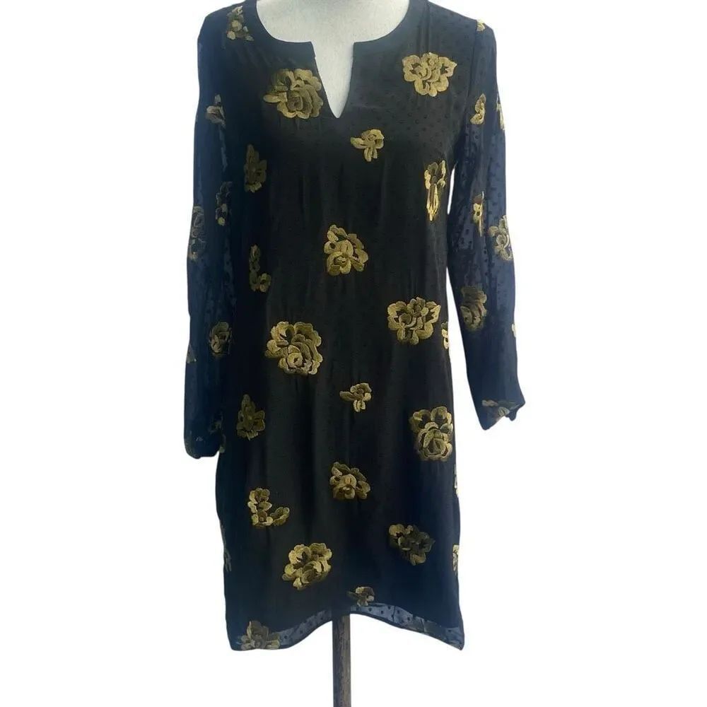Cabi Womens Black Gold Floral Embroidered Swiss Dot Shift Dress Size XS